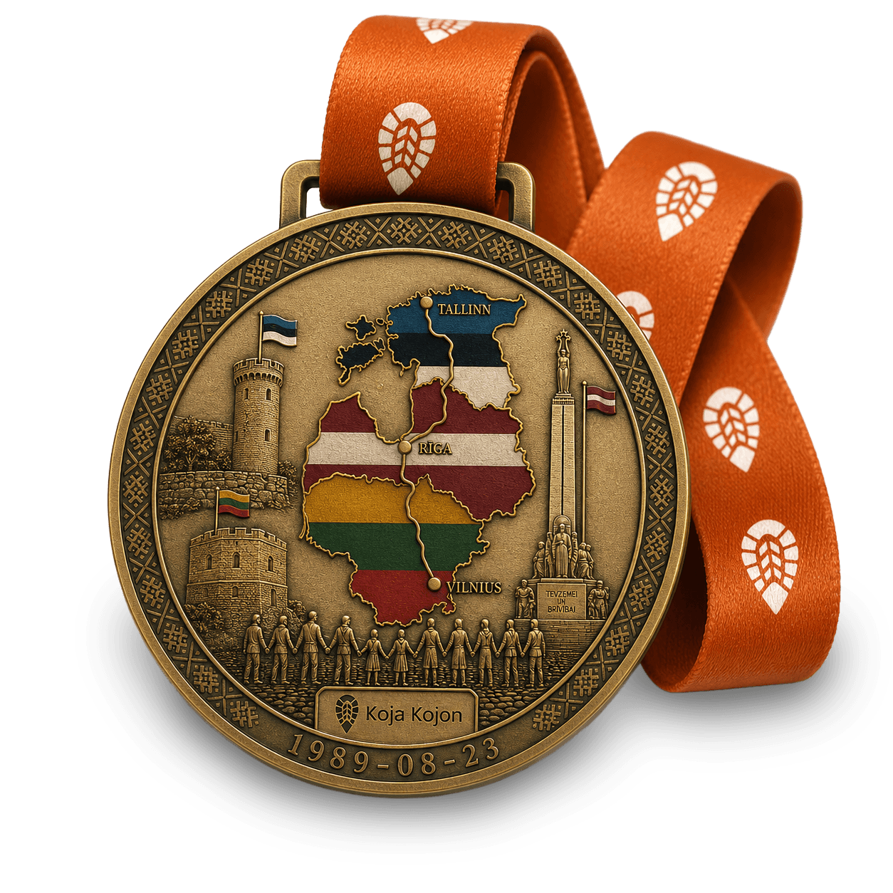 The Baltic Way medal: a bronze disc with the map and landmarks of the three Baltic states on an orange ribbon