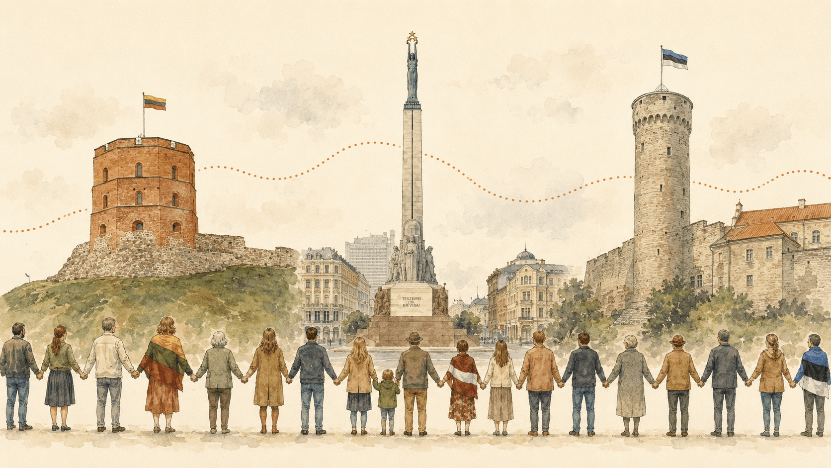 Watercolor illustration of the Baltic Way: people holding hands between the landmarks of Vilnius, Riga, and Tallinn